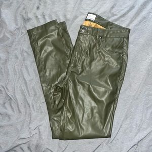 Mens Leather Faux Leather Olive Green Skinny Pants